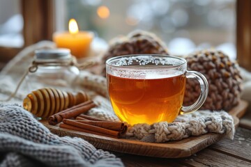 Cup of tea with cinnamons and a candle, Drink background