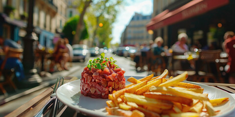 Delicious steak tartare served in an outdoor restaurant on a street of Paris, France