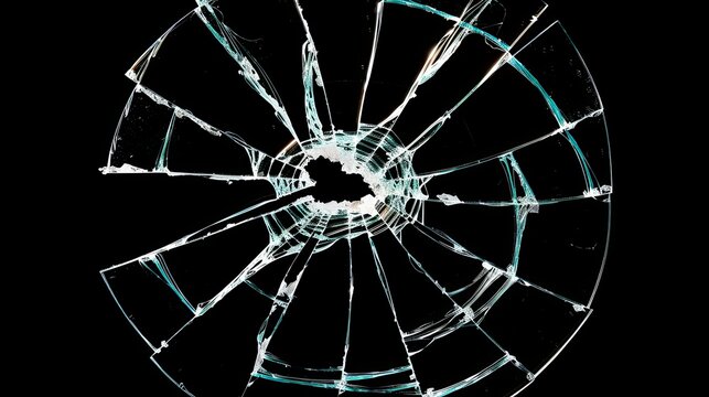 Broken glass on a dark background. After the impact, the glass surface has cracks diverging from the point of impact or bullet hit. The concept of destruction, vulnerability and fragility of existence
