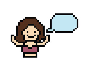 Obraz premium Vector Cute pixel 8bit character woman with chat blank say talk vector decoration 8 bit female girl think speak discuss idea chat box cartoon pixel gamepng vector.