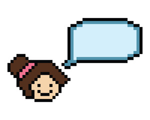 Fototapeta premium Vector Cute pixel 8bit character woman with chat blank say talk vector decoration 8 bit female girl think speak discuss idea chat box cartoon pixel game png vector.