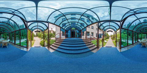 hdri 360 panorama in relaxation area with tea table in a glass gazebo in equirectangular  spherical...