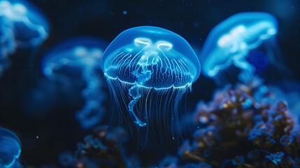 Fototapeta premium Tiny jellyfish swim gracefully in aquariums, glowing softly with an ethereal blue light.