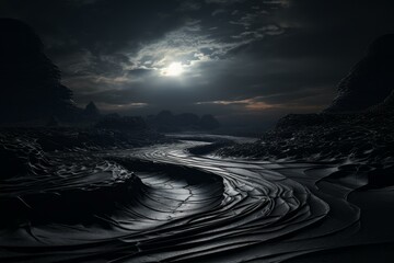 Enigmatic and surreal moonlit desert landscape with intricate patterns and eerie moonlight shadows, creating a mysterious and otherworldly nocturnal setting over the barren and desolate terrain