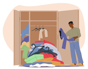 Man Organizing A Cluttered Closet Filled With Various Clothes. Cartoon Vector Concept Of Home Organization, Cleaning