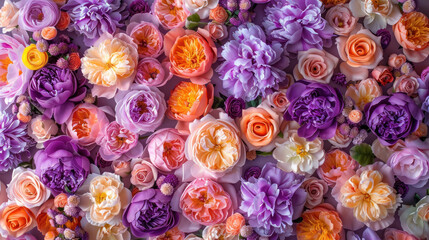 colorful purple, orange, and pink peony floral arrangement for vibrant event backdrops