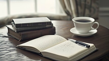 Naklejka premium A cup of coffee, a pen, and an open notebook rest on a wooden table, next to a stack of books. Sunlight shines through a window in the background