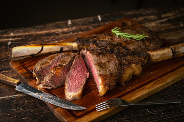 sliced rare grilled tomahawk steak