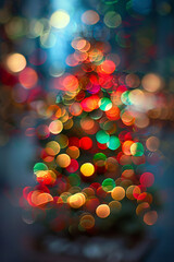 Blurred view of city street with festive lights at night. Abstract defocus background with christmas bokeh lights on streets decorated for christmas in european city in December