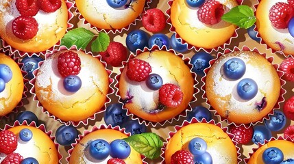   A macro of a collection of cupcakes, adorned with fresh berries atop each mini cake