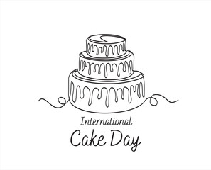 International cake day. Continuous one line drawing of Cake isolated on white background. Vector illustration of sweet dessert form in trendy outline style