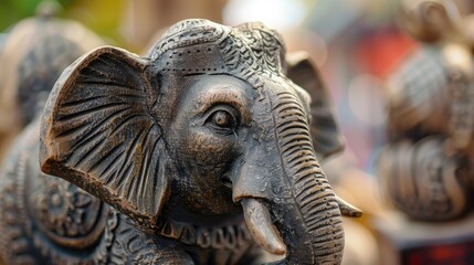 Close up image of elephant figurine head with blurred background selective focus for lettering design