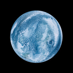illustration of blue imaginary planet with white cyclones over black