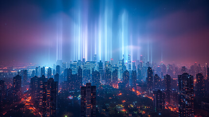 Fototapeta premium aerial view the city at night, from the city upward the light is directed towards the blue-violet sky