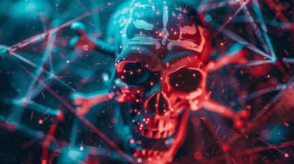 matrix red blue pirate skull on the circuit board symmbolizing digital online software piracy and stealing on internet. weak cyber security. wallpaper background for ads web design print