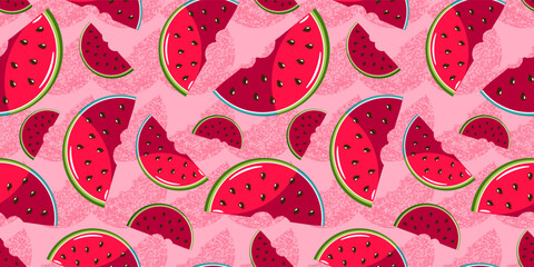 Seamless watermelon pattern. Watermelon slices on a pink background. Summer background.