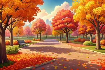 A city park path bathed in autumns golden hues