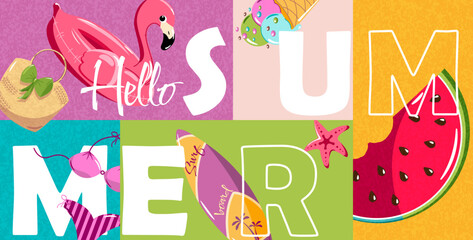 Horizontal banner with summer elements. Abstract summer background with Flamingo pool float, beach accessories, surfboard, watermelon and ice cream.