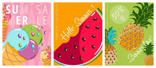 Three vertical posters for summer discounts