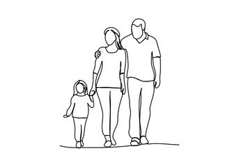 Happy family walks together. One line drawing vector illustration.