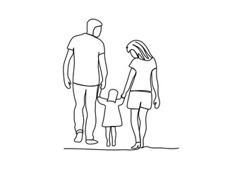 Happy family walks together. One line drawing vector illustration.