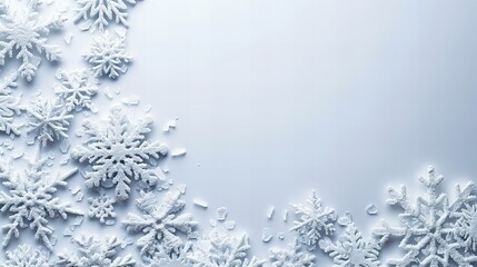 Christmas themed blue background with snow and snowflakes and copy space, 8k resolution