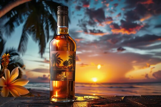 A bottle of premium rum with a backdrop of a Caribbean sunset