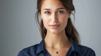 delicate golden necklace with a sapphire pendant worn by a model closeup isolated on white background	