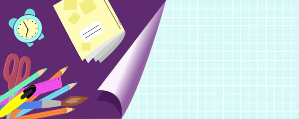 background wBack to school banner template. School supplies stationery hand drawn doodles. Checkered grid sheet background. School stuff flat style. Education theme advertation flyer templateith lines