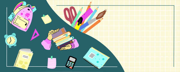 Back to school banner template. School supplies stationery hand drawn doodles. Checkered grid sheet background. School stuff flat style. Education theme advertation flyer template. Vector illustration