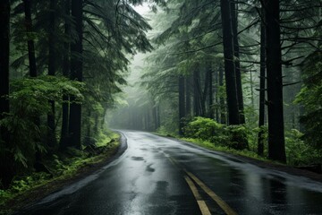 Fototapeta premium Serene view of a wet road winding through a foggy evergreen forest