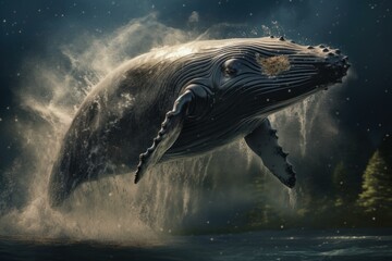 Enchanting image of a humpback whale breaching with water spray against a twilight backdrop
