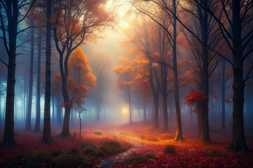A misty autumn path through the enchanting woods
