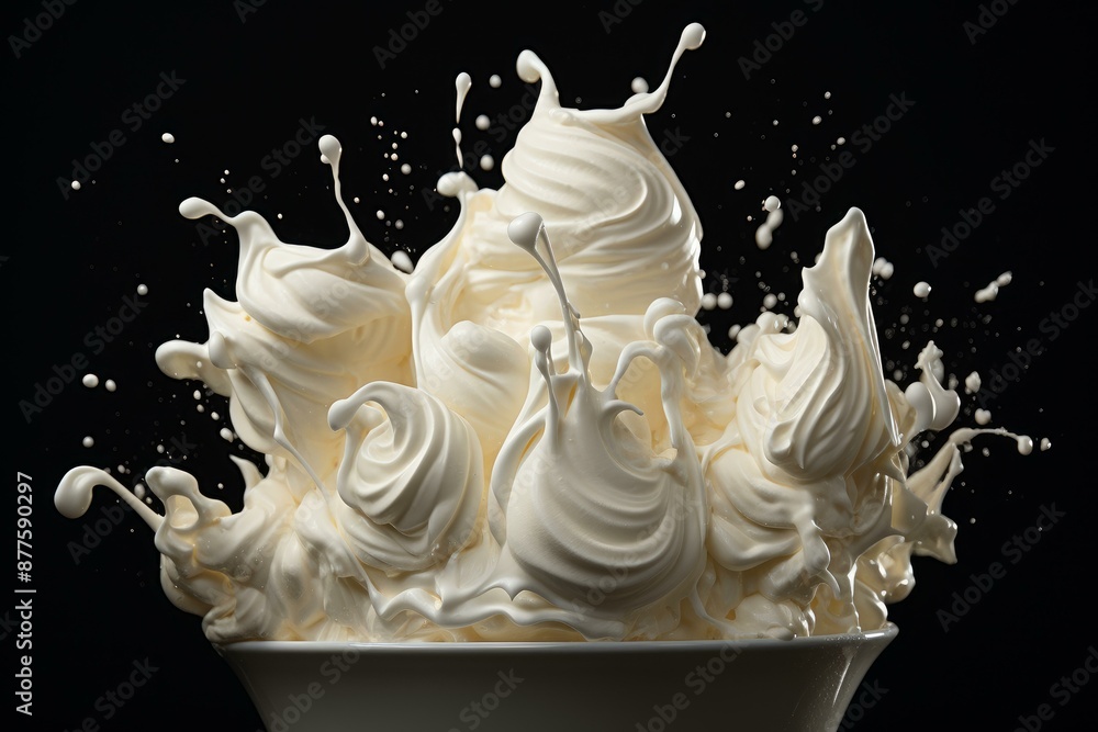 Poster dynamic image capturing the fluid elegance of milk splash against a stark black background