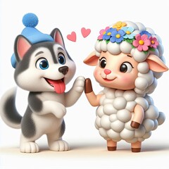 Fototapeta premium Cute Husky Dog And Sheep High Five Cartoon 3d Generative AI