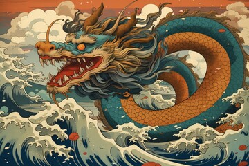 ukiyo-e style paint dragon with waves and sea,Generater by AI , High quality image