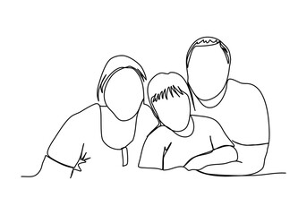 Happy family hugging. One line drawing vector illustration.