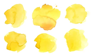Fotobehang Ink watercolor hand drawn drop blot. Wet yellow color paper texture stain on white background. Set. © Liliia