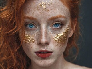 portrait young woman with red hair,beautiful woman with blue eyes face with glitter women's gold makeup