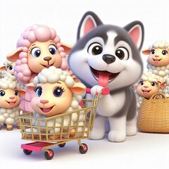 Obraz premium Cute Husky Dog And Sheep Playing With Trolley Cartoon 3d Generative AI