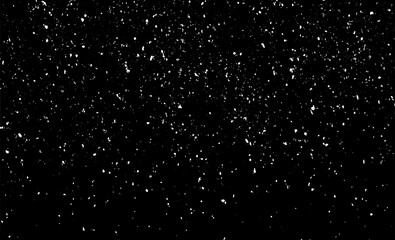 Snow, stars, twinkling lights, rain drops on black background. Abstract vector noise. Small particles of debris and dust. Distressed uneven grunge texture overlay.