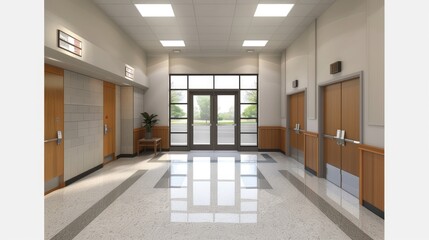 A view of a bright hallway in a school, showcasing a set of double doors leading to the outside, wood-paneled walls, and tile flooring