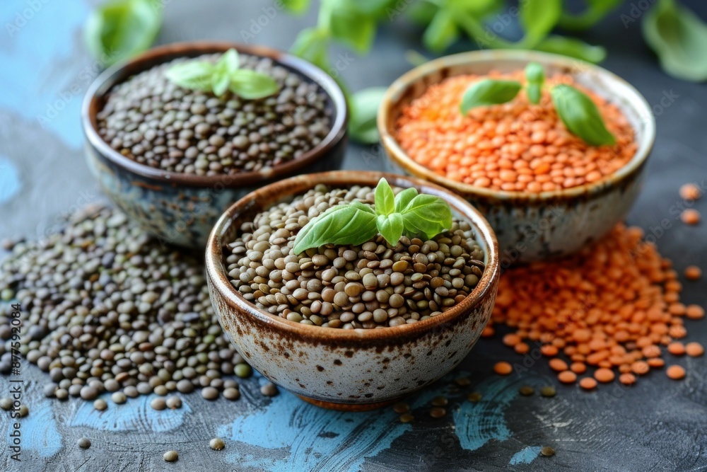 Poster three varieties of uncooked lentils with fresh basil in rustic bowls are sitting on a blue and gray 