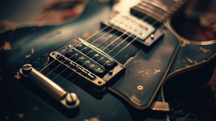Close up of black electric guitar with soft focus and controls