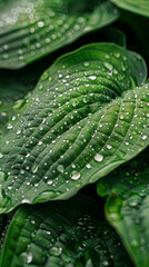 Obraz premium Generative AI. Close-up of large, green hosta leaves with water droplets on them