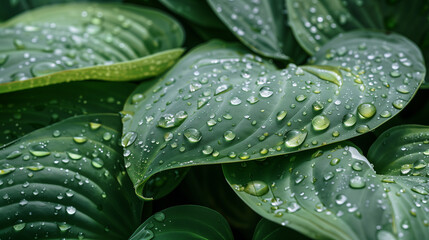 Obraz premium Generative AI. Close-up of large, green hosta leaves with water droplets on them