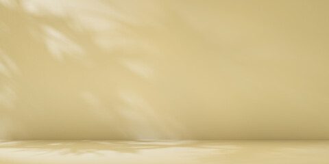 Beige minimalist studio for product presentation. Empty room with shadows of palm leaves. 3d room background with copy space. 3d render illustration