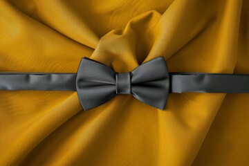 Dark grey bow tie lying on elegant golden fabric, perfect for wedding invitation or fashion concept