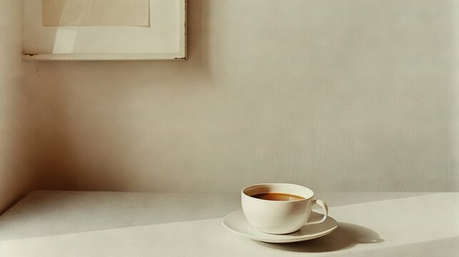   A mug of java atop a dish, beside an art canvas on a wall