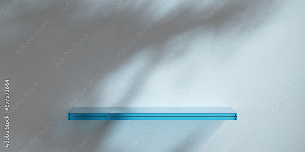Poster white minimalist wall with glass shelf for product presentation. empty room with shadows of palm lea